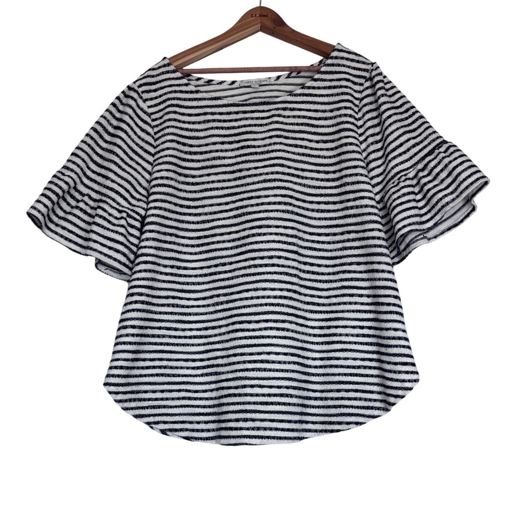 Green Envelope Los Angeles Striped Flutter Sleeve Knit Top Navy White 2X